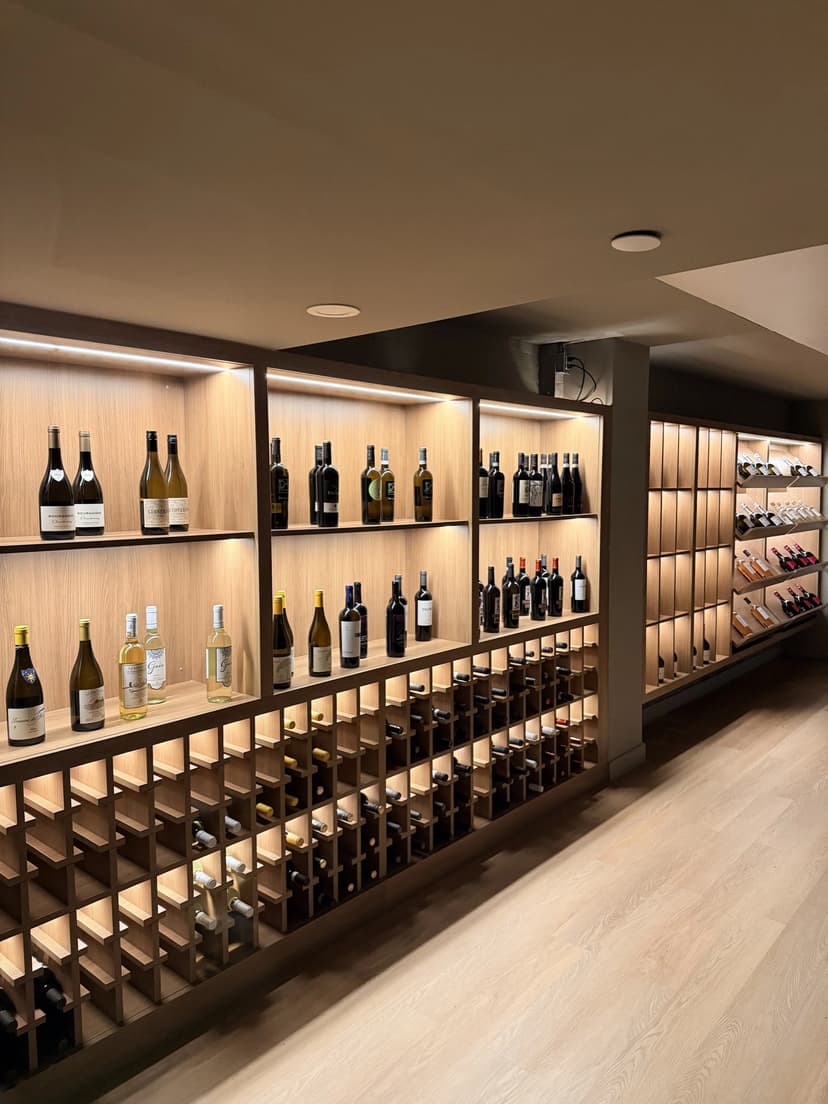 A wall of Italian wine arranged on lit oak shelving in the Bar Filo cellar